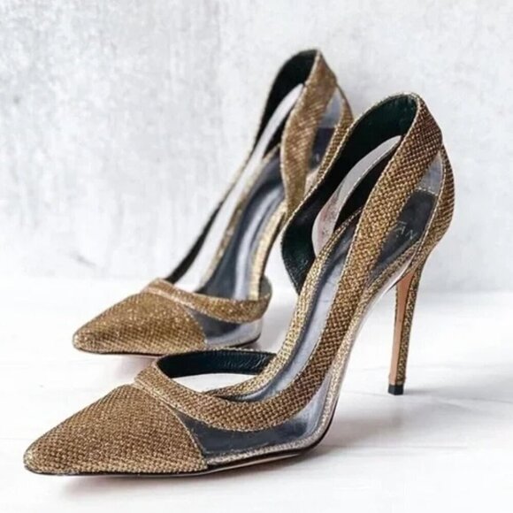 New Alexandre Birman Gold Metallic PVC Stiletto Heels NWT Size 8 US/38 EU - Picture 1 of 10